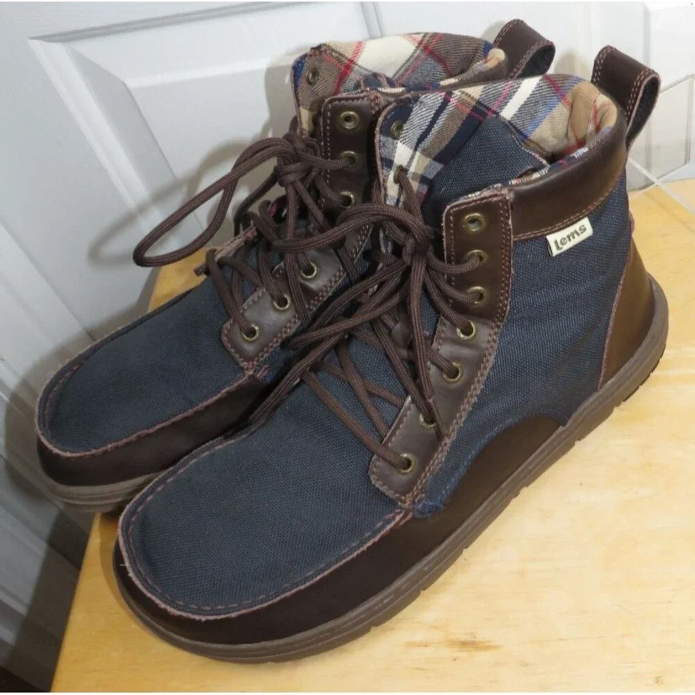 Lems Men's Boulder Boots in Navy/Dr. Brown Plaid Lining Size EU 47/US 13